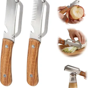 2 Pack 3 in 1 Vegetable Peeler Julienne Peeler Wooden Handle Tool